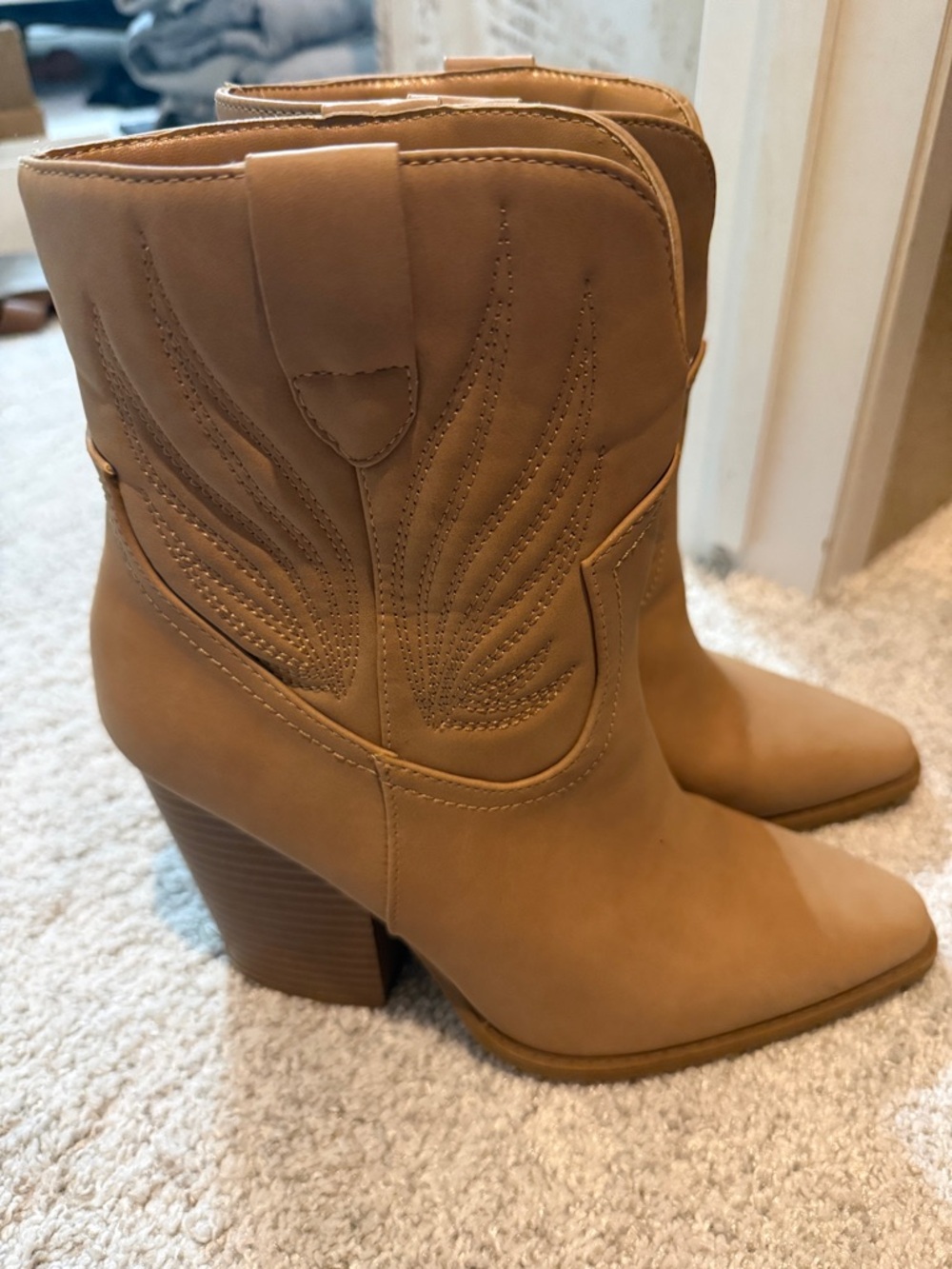 Qupid Tan Western-Inspired Block Heel Ankle Boots